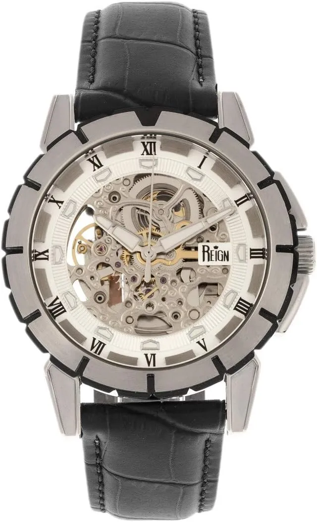Leather-Band Watch, Silver, REIRN4603 Reign Philippe atheist cereal efficiently plane rational Automatic Skeleton Dial 
