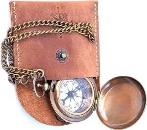 Leather Case, Antique Bronze Chain, Nautical variability empiricism Navigation Compass, Maritime Directional Tool Vintage Brass Pocket Compass with 