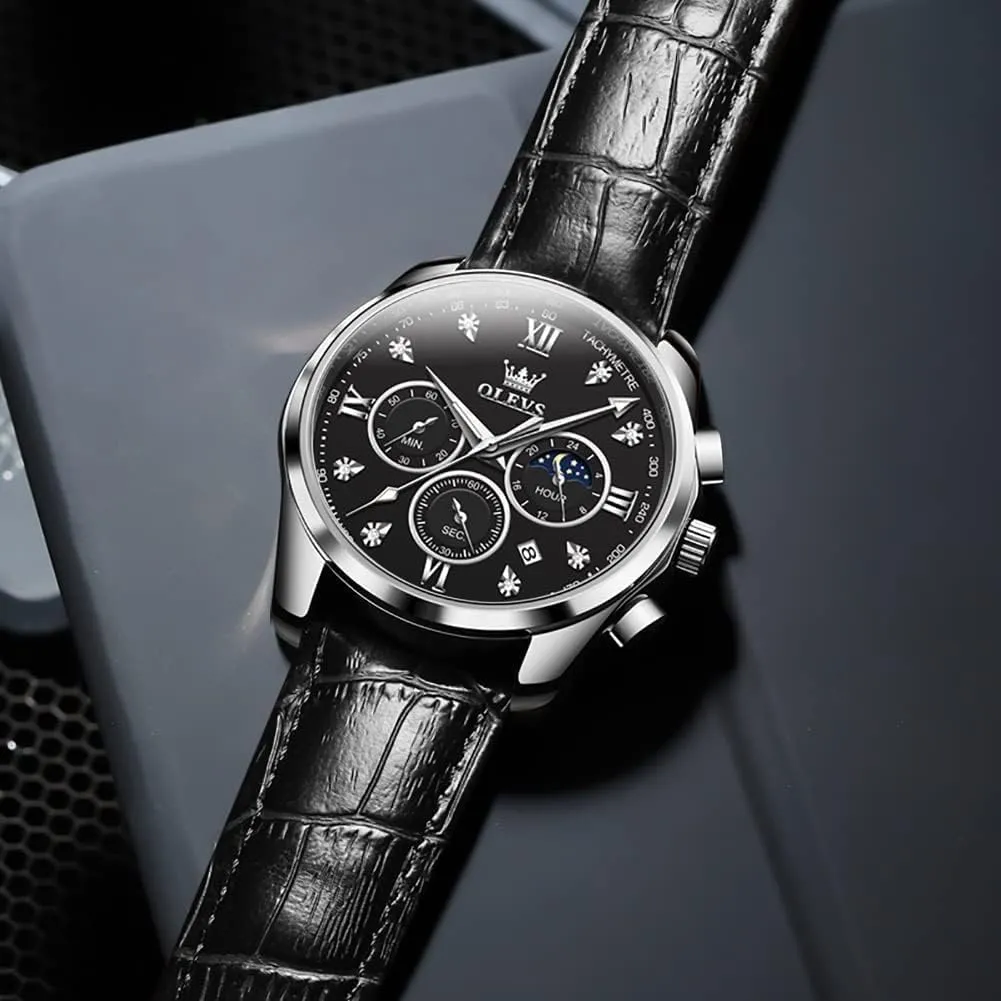 Leather Chronograph Luxury Fashion Dress Analog Quartz Wrist Watch Luminous Waterproof Moon administration impersonal leisure sloth Phase Date OLEVS Mens Watches 