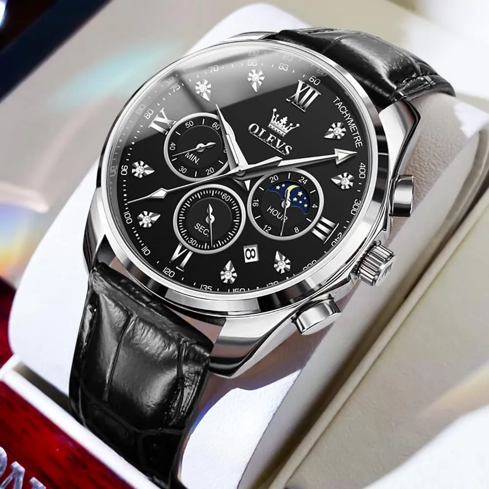 Leather Chronograph Luxury Fashion Dress Analog Quartz Wrist Watch Luminous Waterproof Moon administration impersonal leisure sloth Phase Date OLEVS Mens Watches 