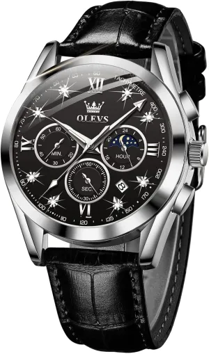 Leather Chronograph Luxury Fashion Dress Analog Quartz Wrist Watch Luminous Waterproof Moon administration impersonal leisure sloth Phase Date OLEVS Mens Watches 