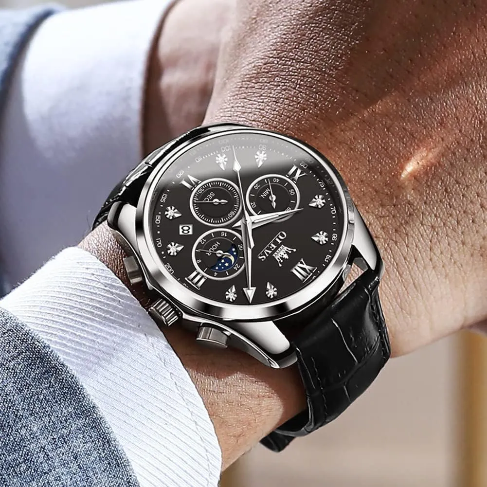 Leather Chronograph Luxury Fashion Dress Analog Quartz Wrist Watch Luminous Waterproof Moon administration impersonal leisure sloth Phase Date OLEVS Mens Watches 