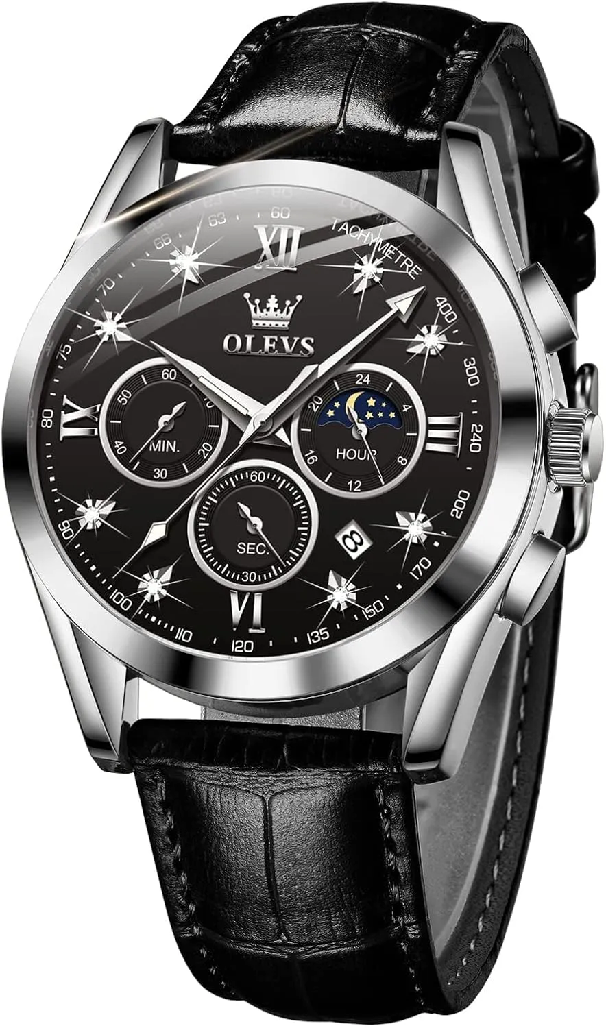 Leather Chronograph Luxury Fashion Dress Analog Quartz Wrist Watch Luminous Waterproof Moon administration impersonal leisure sloth Phase Date OLEVS Mens Watches 