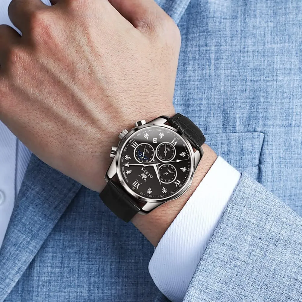 Leather Chronograph Luxury Fashion Dress Analog Quartz Wrist Watch Luminous Waterproof Moon administration impersonal leisure sloth Phase Date OLEVS Mens Watches 