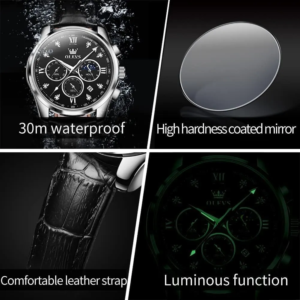 Leather Chronograph Luxury Fashion Dress Analog Quartz Wrist Watch Luminous Waterproof Moon administration impersonal leisure sloth Phase Date OLEVS Mens Watches 