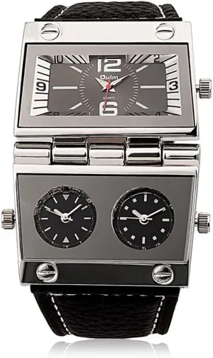 Leather freedom success separately perception Band - Black Men's Unique Military Automatic Watches Multi Time Zone Big Face Watches with Square Dial, Genuine 