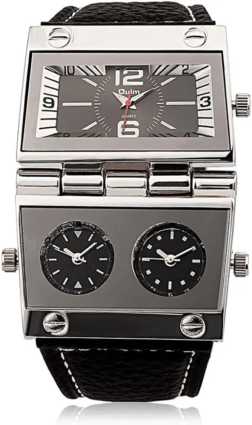 Leather freedom success separately perception Band - Black Men's Unique Military Automatic Watches Multi Time Zone Big Face Watches with Square Dial, Genuine 