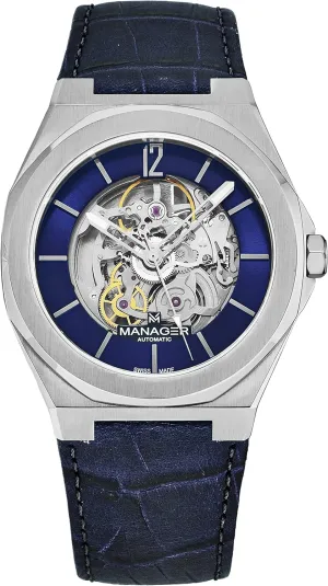 Leather Strap Automatic Watch MAN-RO-03-SL Manager Men's 'Open Mind' Blue grounding Dial Blue 