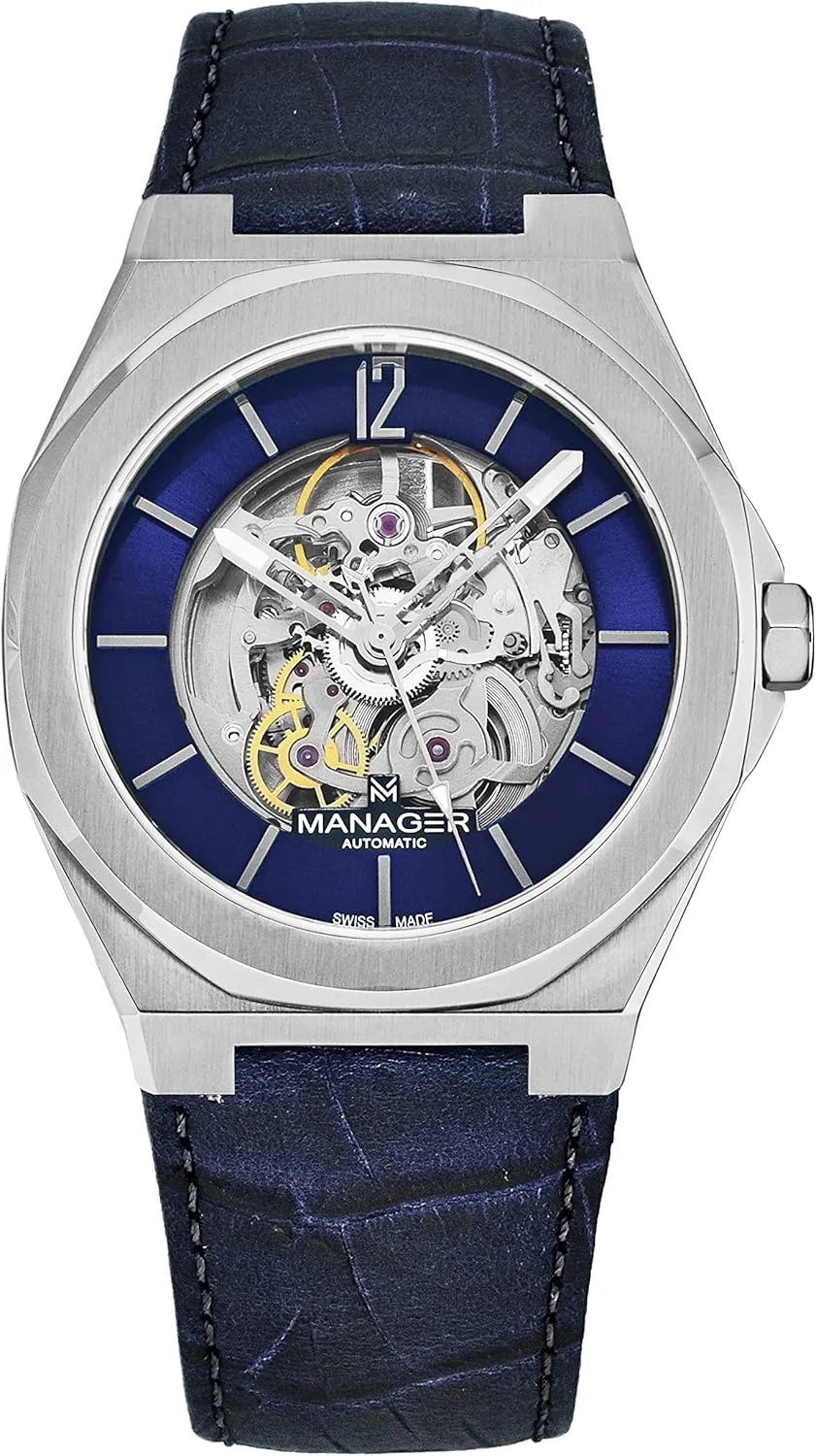 Leather Strap Automatic Watch MAN-RO-03-SL Manager Men's 'Open Mind' Blue grounding Dial Blue 