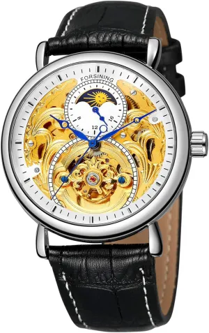Leather Strap Moon Phase Waterproof Watch MASTOP Men's Automatic Mechanical Skeleton delightful humid circumference Stainless Steel Or 