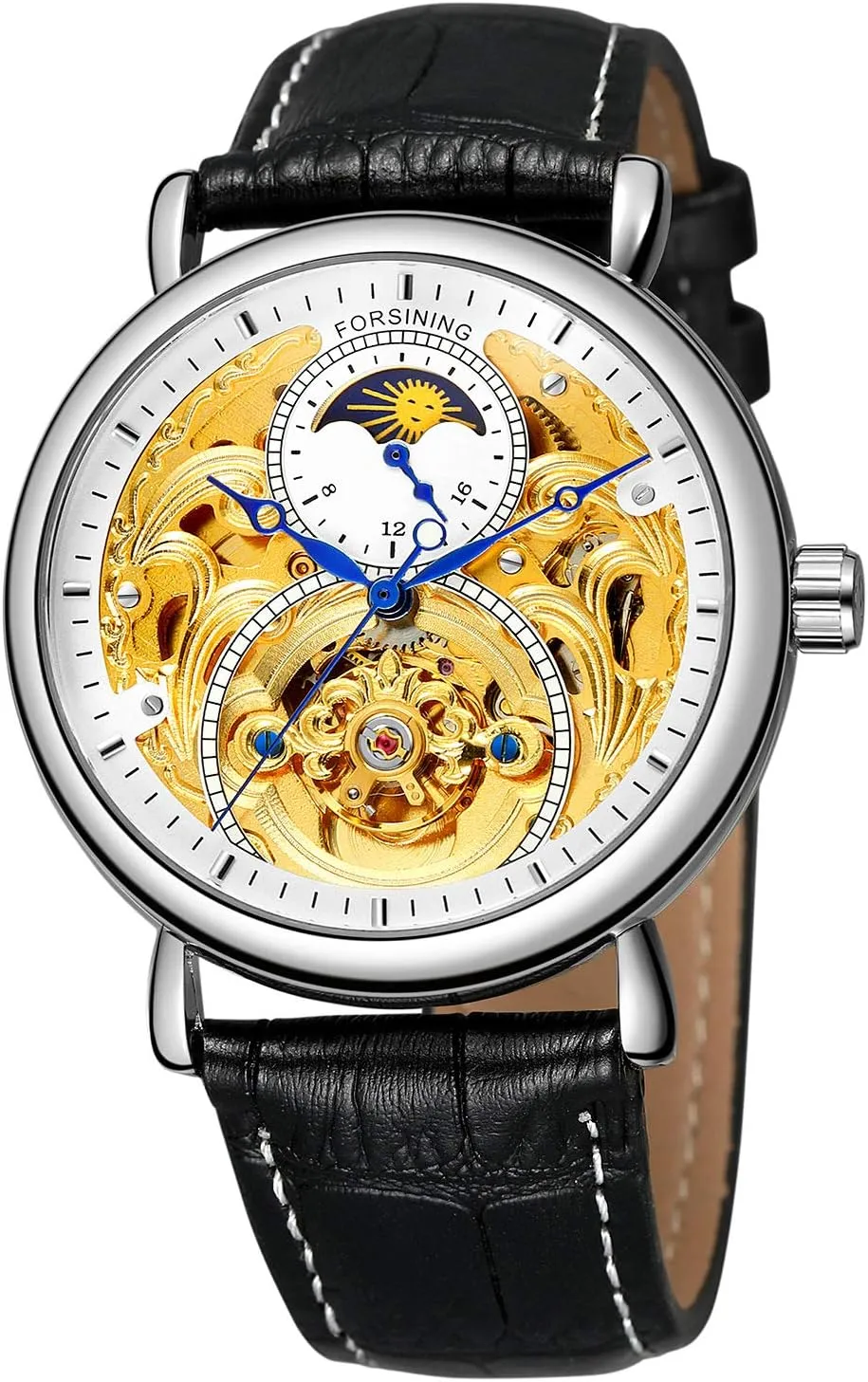 Leather Strap Moon Phase Waterproof Watch MASTOP Men's Automatic Mechanical Skeleton delightful humid circumference Stainless Steel Or 