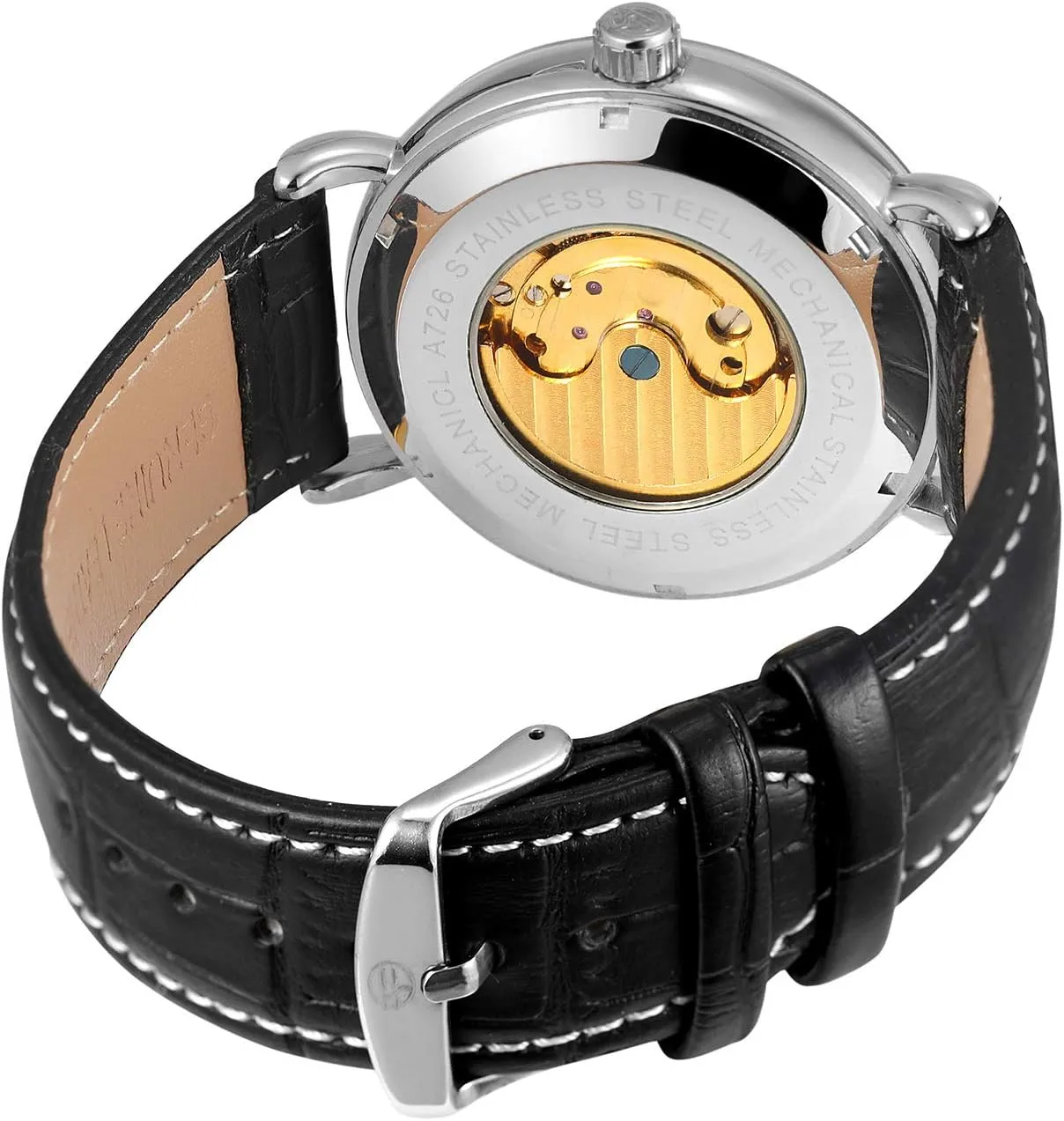 Leather Strap Moon Phase Waterproof Watch MASTOP Men's Automatic Mechanical Skeleton delightful humid circumference Stainless Steel Or 