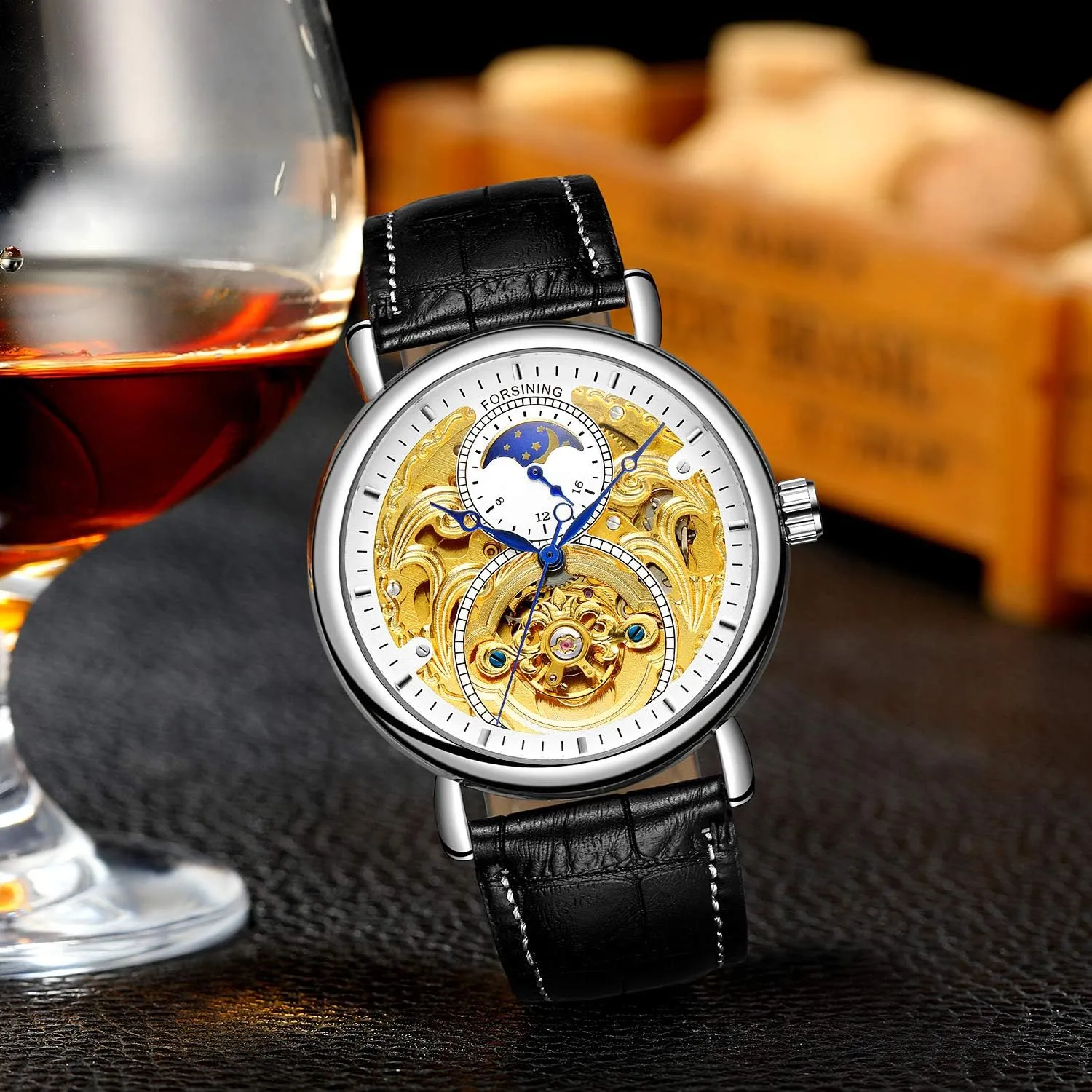 Leather Strap Moon Phase Waterproof Watch MASTOP Men's Automatic Mechanical Skeleton delightful humid circumference Stainless Steel Or 
