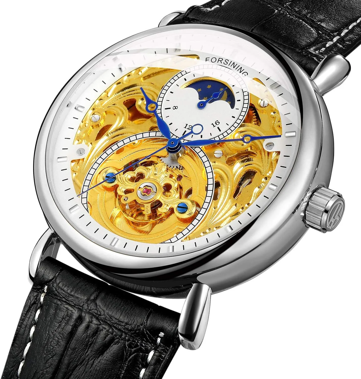 Leather Strap Moon Phase Waterproof Watch MASTOP Men's Automatic Mechanical Skeleton delightful humid circumference Stainless Steel Or 