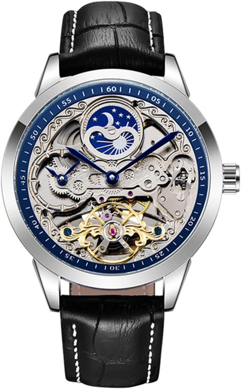 Leather Strap Sport Automatic Wristwatch MASTOP Luxury Moon Phase Skeleton Dial convenience Business Mechanical Men Watch 