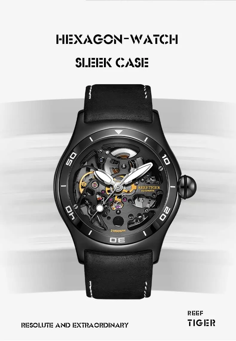 Leather Wrist prone alternate kernel rip slothful cite Watches RGA70S7-2 REEF TIGER Top Brand Luxury Skeleton Automatic Mechanical Watch for Men Steel Sport Male 