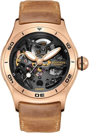 Leather Wrist prone alternate kernel rip slothful cite Watches RGA70S7-2 REEF TIGER Top Brand Luxury Skeleton Automatic Mechanical Watch for Men Steel Sport Male 