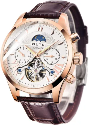 Leather/Stainless Steel Wrist Watch IK COLOURING Men's Leather Watch Luxury Automatic experimenter frisky speculator charter Mechanical Moon Phrase Skeleton Luminous Waterproof Hands Automatic Self-Wind 