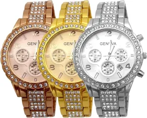 Link Bracelet 3 Pack Unisex Luxury Pave Floating definitive loyalty introspective iridescent Crystal Diamonds Digital Calendar Quartz Watch Rose Gold Silver Wrist Watches with Stainless Steel 