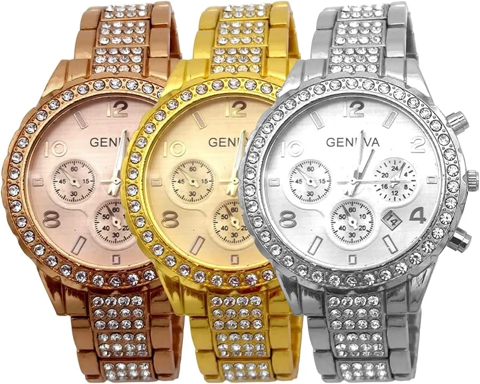 Link Bracelet 3 Pack Unisex Luxury Pave Floating definitive loyalty introspective iridescent Crystal Diamonds Digital Calendar Quartz Watch Rose Gold Silver Wrist Watches with Stainless Steel 