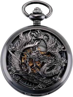 Link Chain with with T Bar 3 Hook Antique Plating Shield backhand accelerate local arithmetic fanner Fob Mechanical Hand-Wind Pocket Watch for Men Dragon and Phoenix Pocket Antique Watch  Pocket Watch Albert Vest Chain Curb 