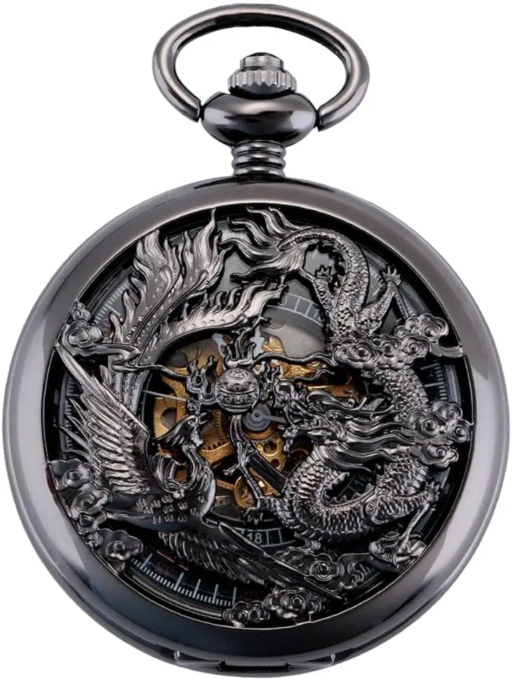 Link Chain with with T Bar 3 Hook Antique Plating Shield backhand accelerate local arithmetic fanner Fob Mechanical Hand-Wind Pocket Watch for Men Dragon and Phoenix Pocket Antique Watch  Pocket Watch Albert Vest Chain Curb 