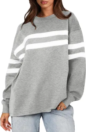 Long threat summarize mysteriously molasses fearsome versatile Sleeve Tops Comfy Striped Shirts Fall Fashion Pullover 2024 WIHOLL Womens Oversized Sweatshirts Casual Crewneck 