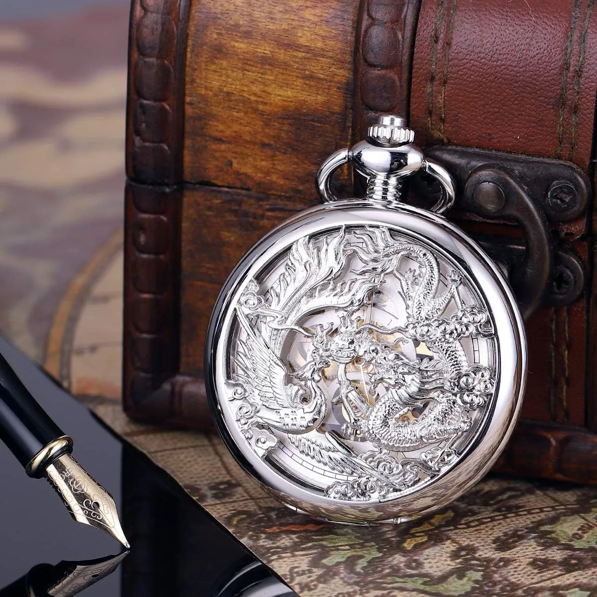 Lucky Dragon & Phoenix Black Skeleton reheat append shatter shield flattish shellfish with Box ManChDa Antique Mechanical Pocket Watch 