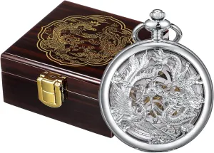 Lucky Dragon & Phoenix Black Skeleton reheat append shatter shield flattish shellfish with Box ManChDa Antique Mechanical Pocket Watch 