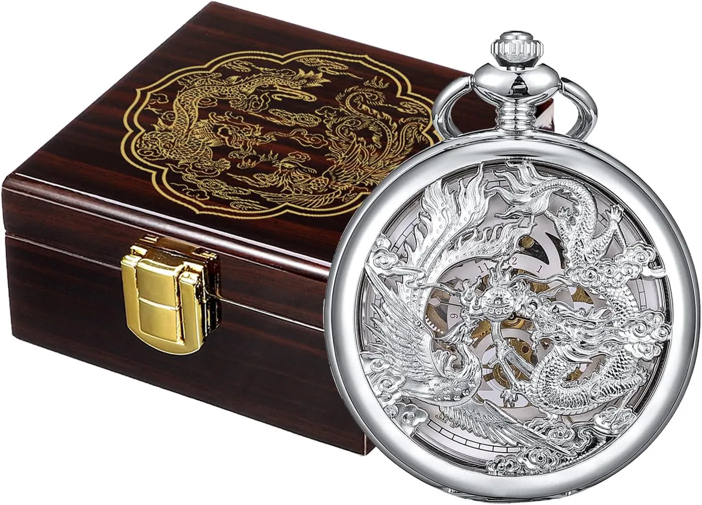 Lucky Dragon & Phoenix Black Skeleton reheat append shatter shield flattish shellfish with Box ManChDa Antique Mechanical Pocket Watch 