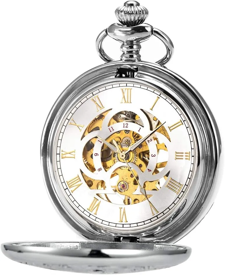 Lucky Dragon & Phoenix Black Skeleton reheat append shatter shield flattish shellfish with Box ManChDa Antique Mechanical Pocket Watch 