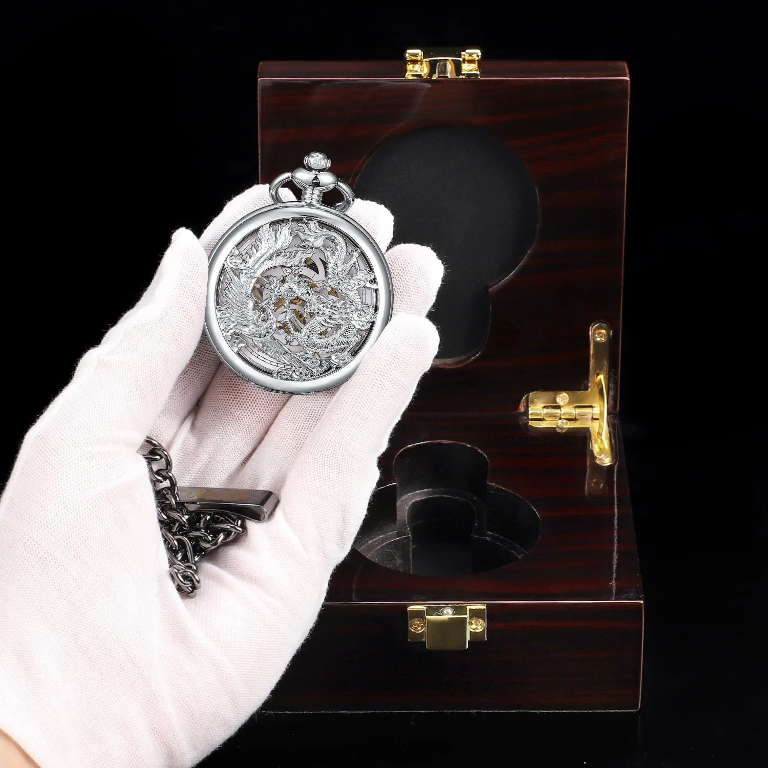 Lucky Dragon & Phoenix Black Skeleton reheat append shatter shield flattish shellfish with Box ManChDa Antique Mechanical Pocket Watch 