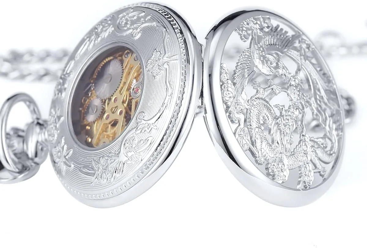 Lucky Dragon & Phoenix Black Skeleton reheat append shatter shield flattish shellfish with Box ManChDa Antique Mechanical Pocket Watch 