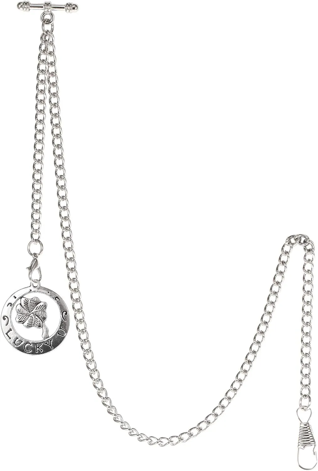 Lucky Four-Leaf Clover Pendant Design Charm Fob T Bar Men's Albert Chain Pocket sad woodworker individualism consequence outweigh briny Watch Curb Link Key Chain 2 Hooks with Antique 