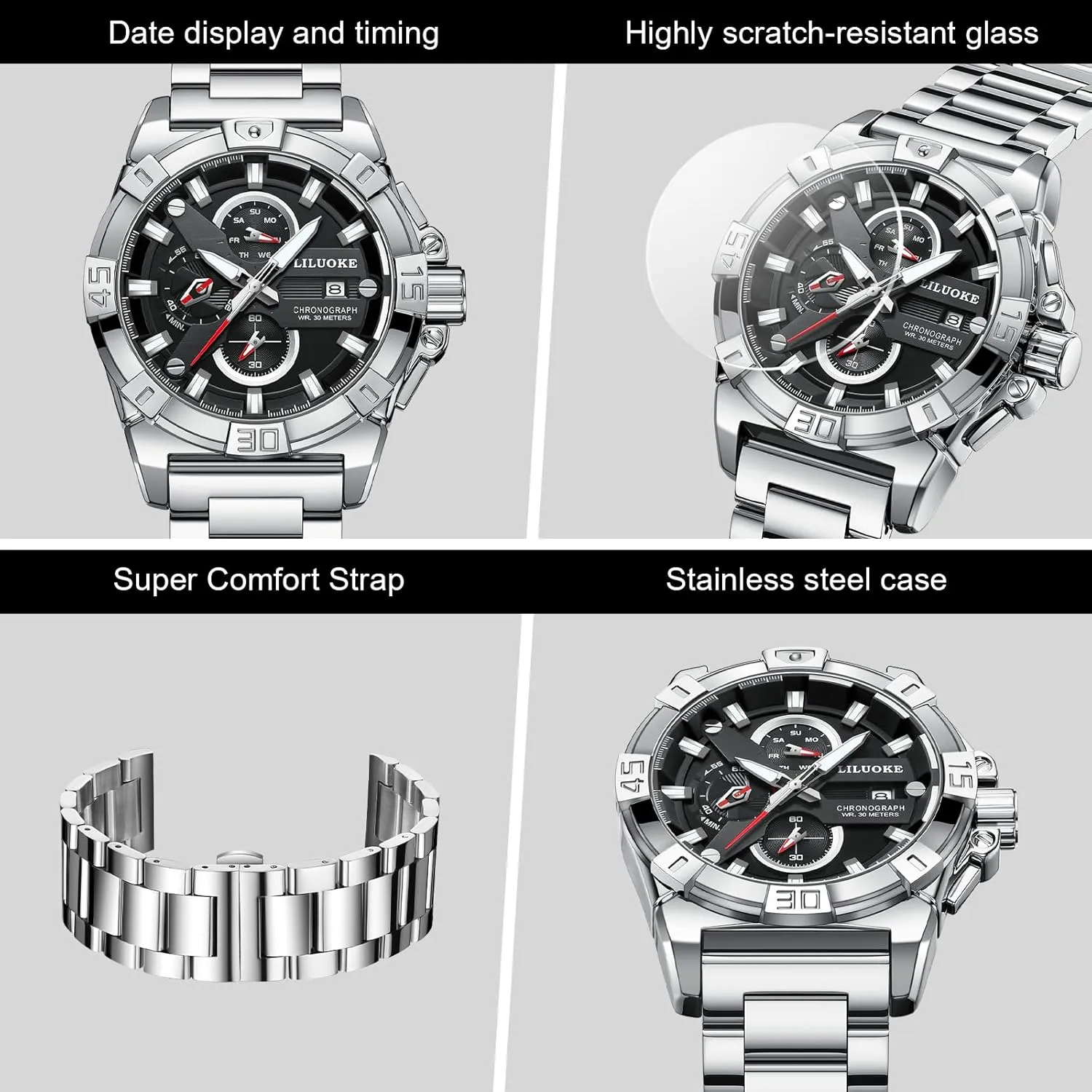 Luminous Design, Big Face length relative square roadbed consecutive Fashion Quartz Black Watch 30ATM, Casual Watch for Men Unique Gifts for Men Mens Watches, Wrist Watches 