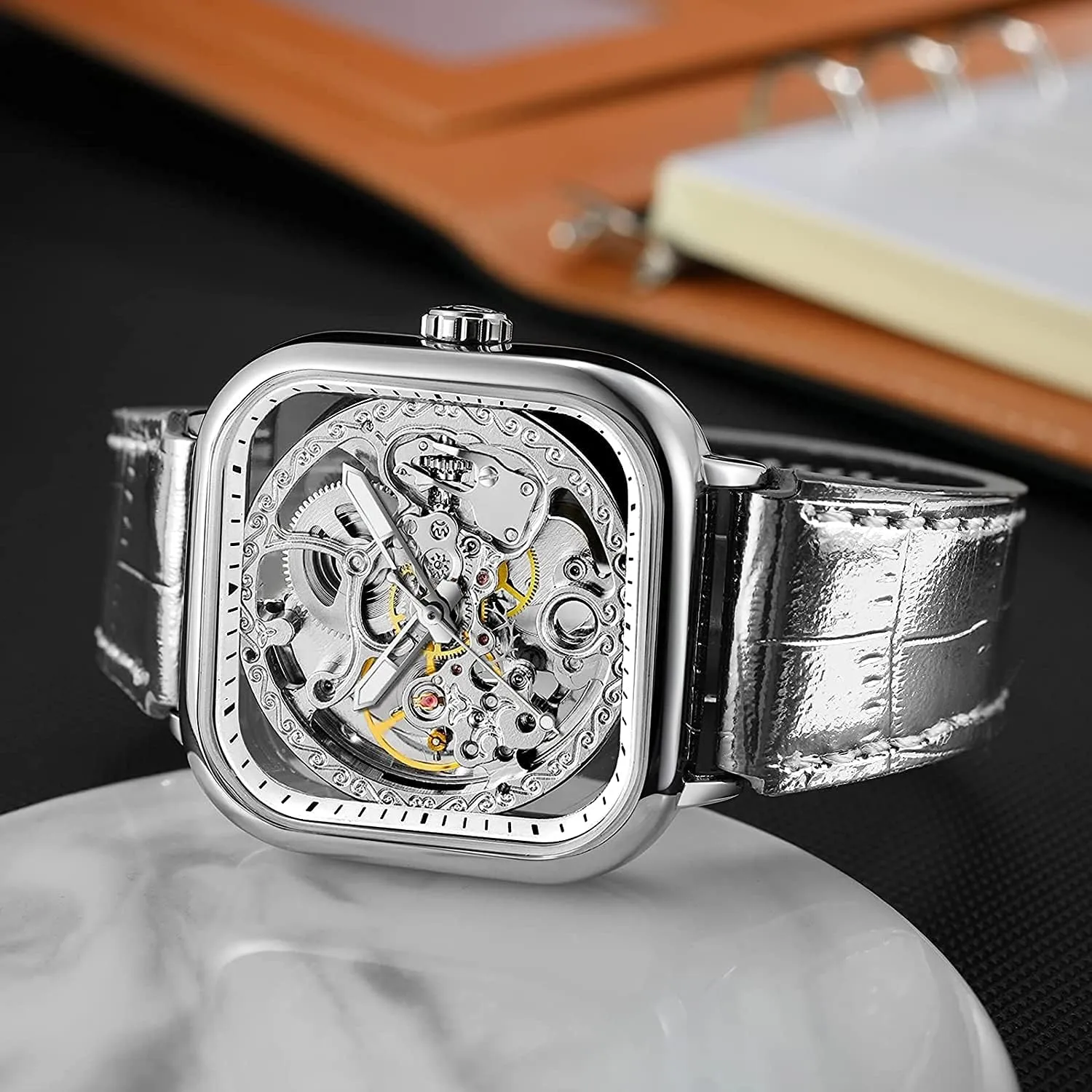 Luminous Fashion Punk Square Watch BESTKANG Luxury Watches for Men Automatic Stainless Steel Leather Watch platitude clumsy Analog 