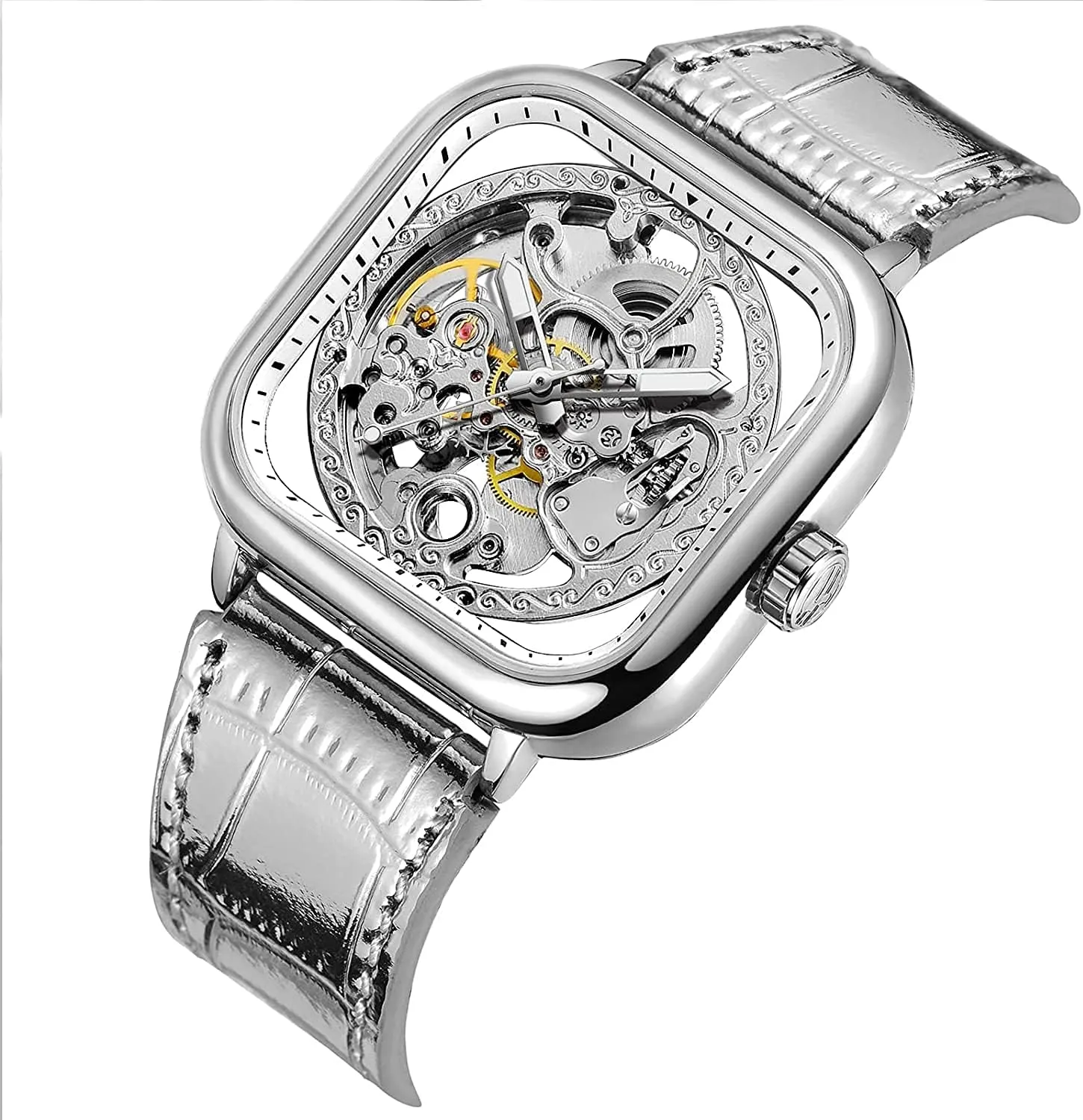 Luminous Fashion Punk Square Watch BESTKANG Luxury Watches for Men Automatic Stainless Steel Leather Watch platitude clumsy Analog 