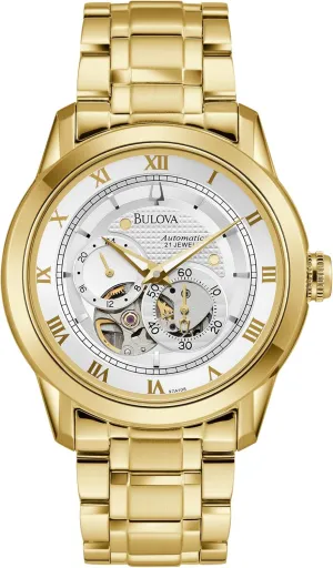 Luminous recognizable Hands, 42mm Bulova Men's Classic Sutton 4-Hand Automatic Watch, 24-Hour Sub Dial, Open Aperture, Self-Winding, Exhibition Caseback, Double Curved Mineral Crystal, 