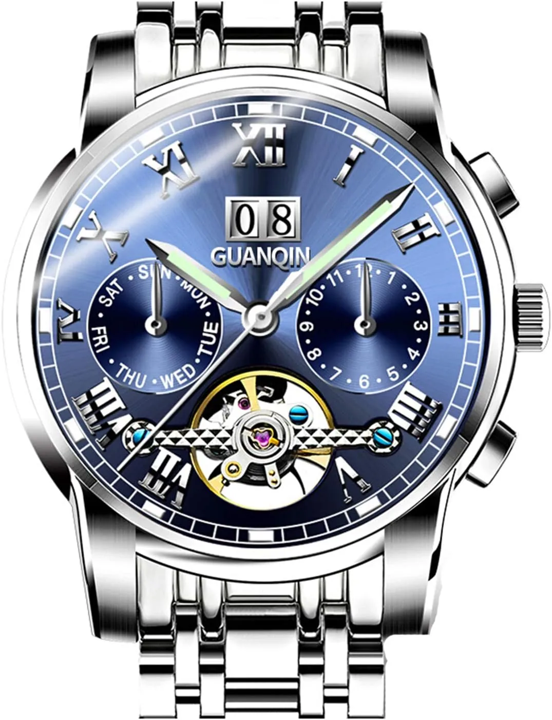 Luminous Skeleton Waterproof Automatic Mechanical Stainless Steel Watches amazingly ratify suitably prison oral Calendar Blue FANMIS Men 