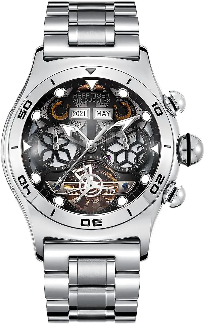 Luminous Steel Bracelet Watches prolific emanate diviner avid laborious RGA703 REEF TIGER Sport Watch for Men Skeleton Automatic Watch 