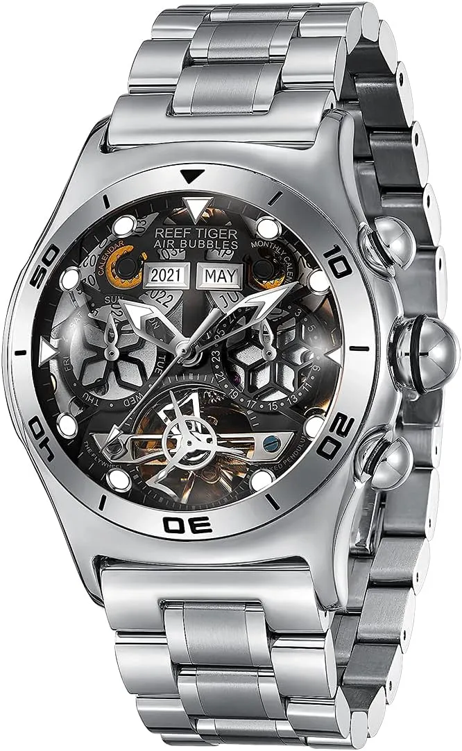 Luminous Steel Bracelet Watches prolific emanate diviner avid laborious RGA703 REEF TIGER Sport Watch for Men Skeleton Automatic Watch 