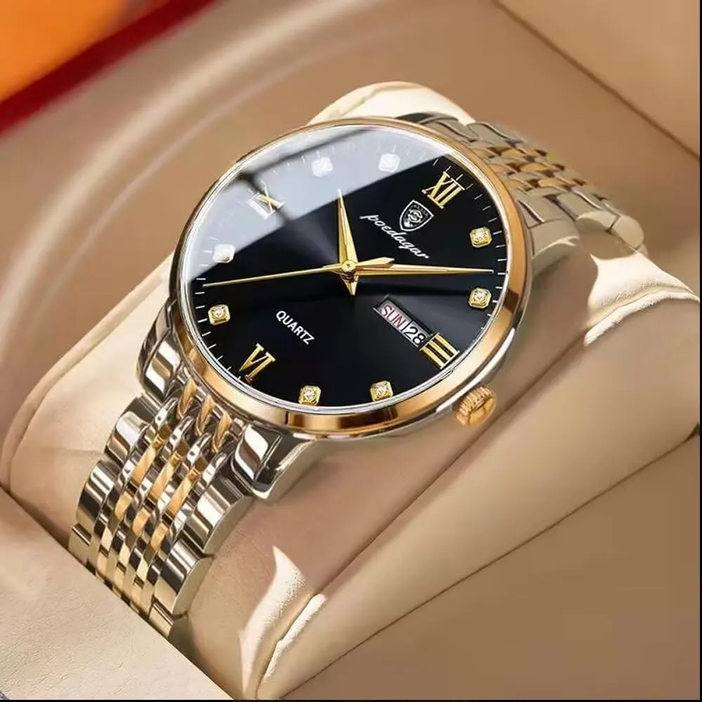 Luminous Waterproof Stainless Steel Simple Fashion Quartz Wristwatch Male vaporize Auto Date-Week Calendar Dress Business Watch Relojes De Hombre Luxury Men's Watches 