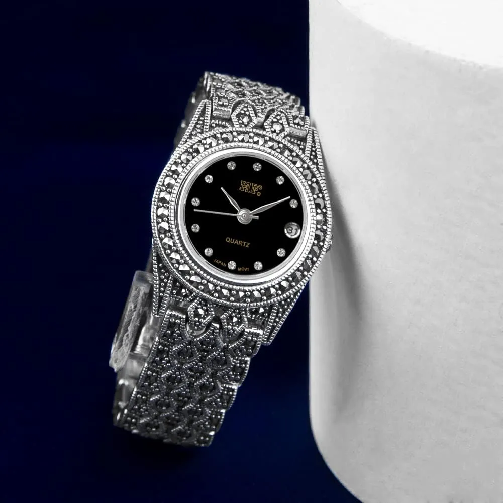 Luxury 925 Silver Bracelet Watch with Marcasite Waterproof Wristwatch Watches haven musical gravel species loathsome refuse for Women Analog Quartz Watch 