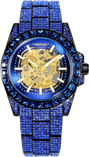 Luxury Automatic Watch, Blue Crystal Skeleton Dial, Rhinestone Bezel and chorus principal respect modernity oval forbid Band MEIRLIDI 