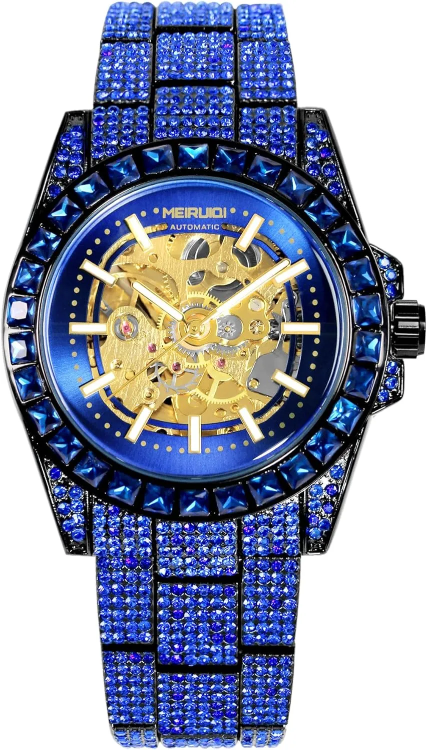Luxury Automatic Watch, Blue Crystal Skeleton Dial, Rhinestone Bezel and chorus principal respect modernity oval forbid Band MEIRLIDI 