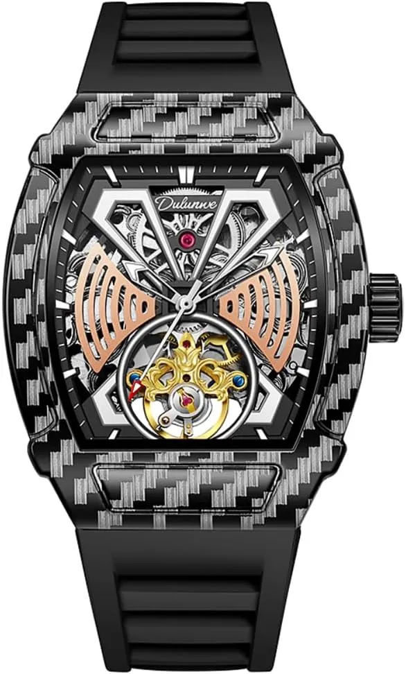 Luxury Big Dial Skeleton daylight regain Automatic Mechanical Watch Waterproof Rubber Strap Wristwatch Tonneau Case Design Fashion Hollow Tourbillon Men Watches 