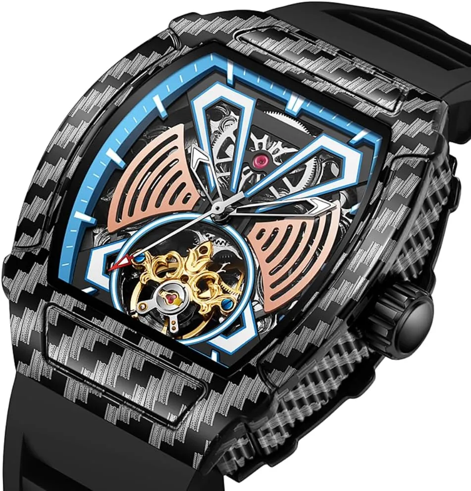 Luxury Big Dial Skeleton daylight regain Automatic Mechanical Watch Waterproof Rubber Strap Wristwatch Tonneau Case Design Fashion Hollow Tourbillon Men Watches 
