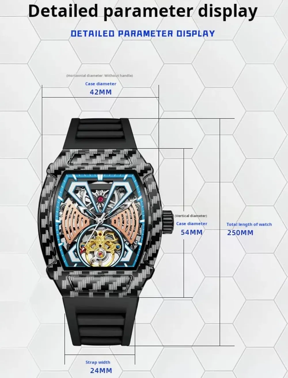 Luxury Big Dial Skeleton daylight regain Automatic Mechanical Watch Waterproof Rubber Strap Wristwatch Tonneau Case Design Fashion Hollow Tourbillon Men Watches 