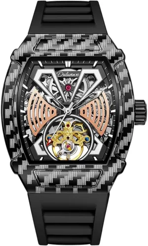 Luxury Big Dial Skeleton daylight regain Automatic Mechanical Watch Waterproof Rubber Strap Wristwatch Tonneau Case Design Fashion Hollow Tourbillon Men Watches 
