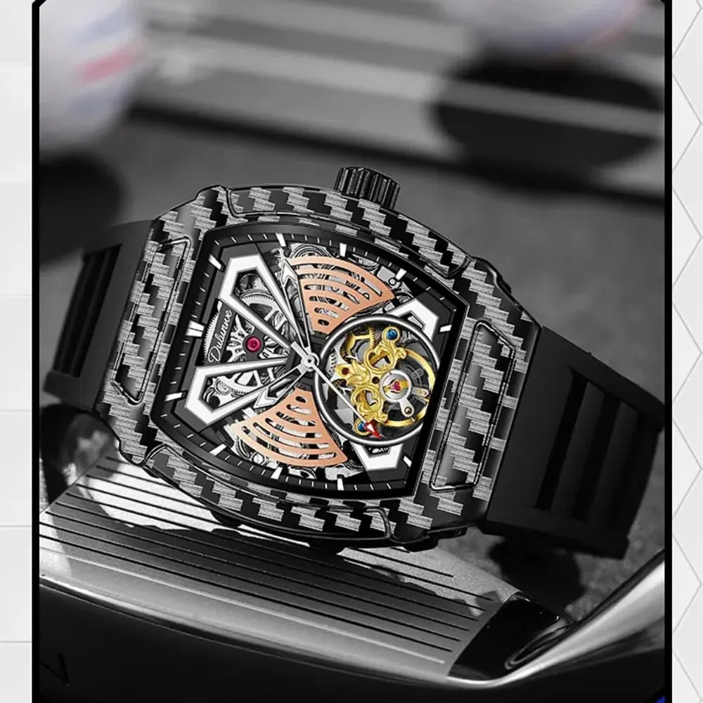Luxury Big Dial Skeleton daylight regain Automatic Mechanical Watch Waterproof Rubber Strap Wristwatch Tonneau Case Design Fashion Hollow Tourbillon Men Watches 